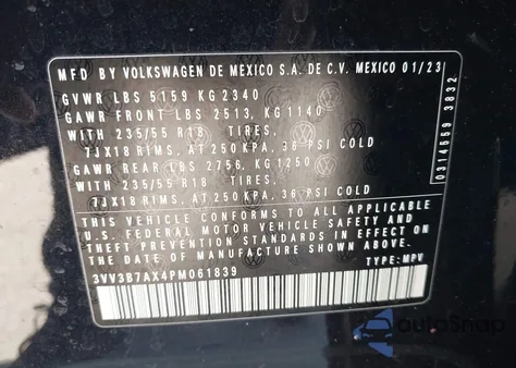 2023 Volkswagen Tiguan 2.0T Se из США, поврежденный, VIN 3VV3B7AX4PM061839